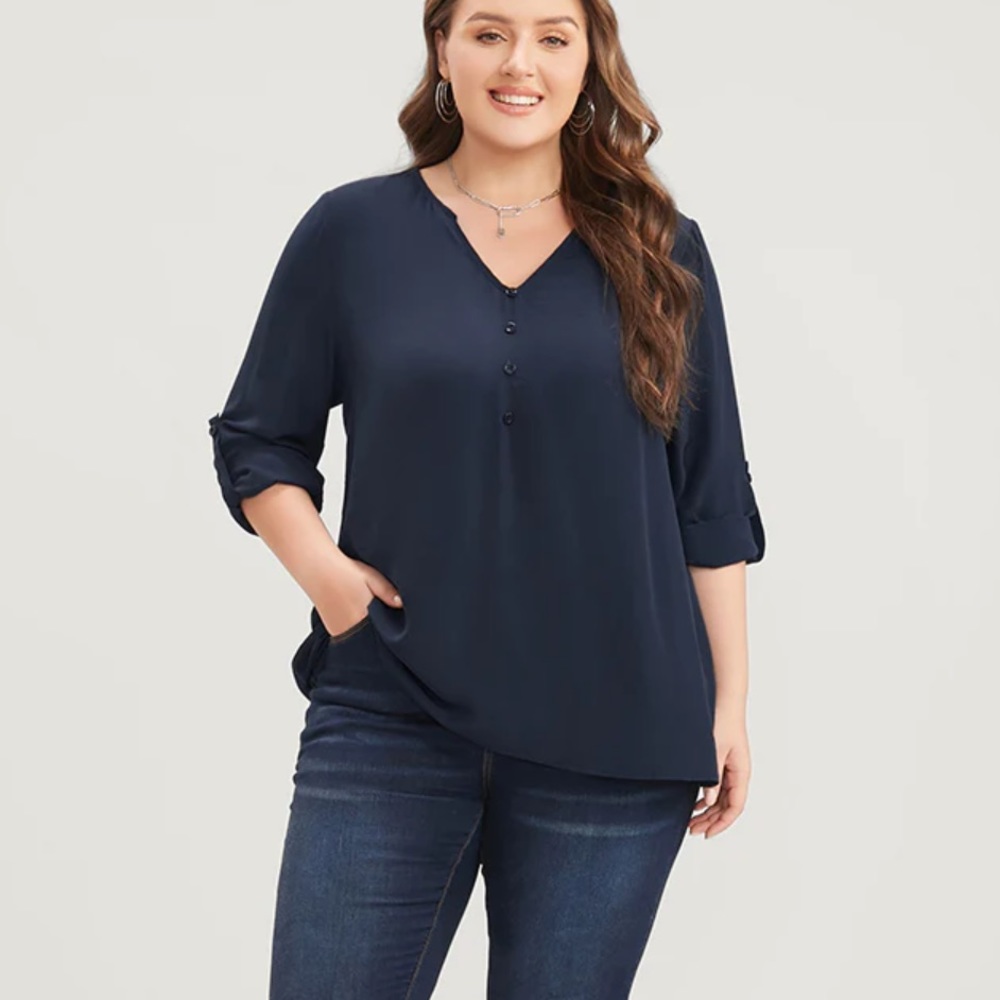 Plain V Neck Button Detail Cuffed Sleeve Blouse - Picture 2 of 5